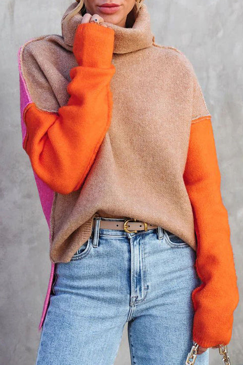 Drop-Shoulder Colorblock Turtleneck Knit Sweater Side-Slit Hem